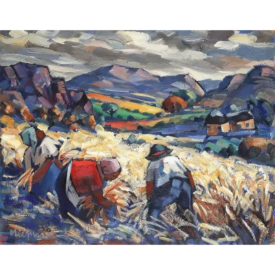 Hennie Niemann painting of people busy harvesting in the mountains | Hennie Niemann | Robertson Art Gallery