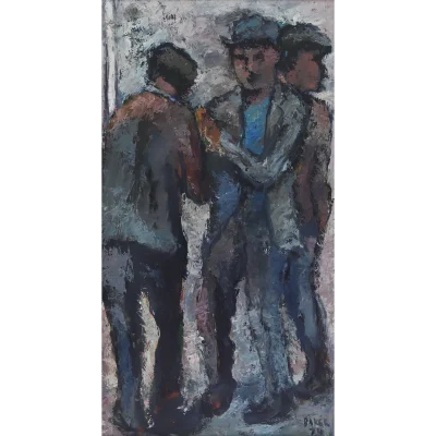Kenneth Baker painting of three men with hats