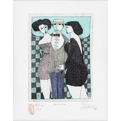 Pieter van der Westhuizen etching of a man and two women dressed formally