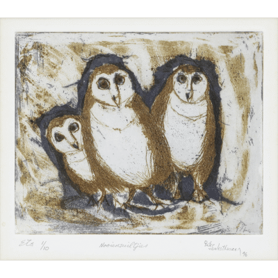 Pieter van der Westhuizen etching of three owls | Pieter van der Westhuizen | Robertson Art Gallery