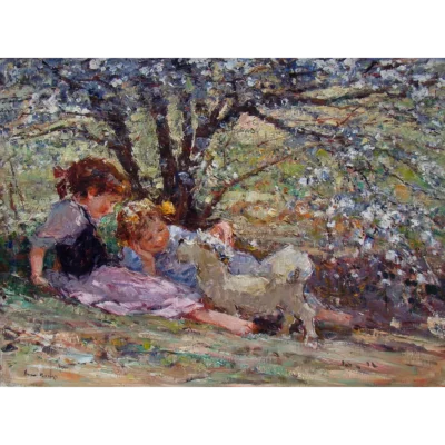 Adriaan Boshoff painting of children playing under the tree with their dog