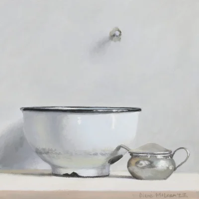 Diane McLean painting of a white enamel bowl with a silver mustard pot standing next to it