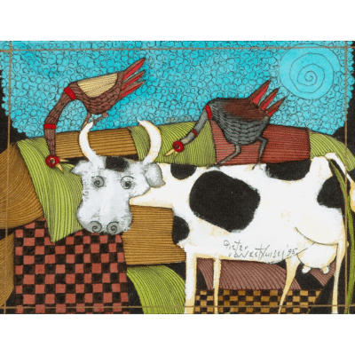 Pieter van der Westhuizen painting of a cow and birds