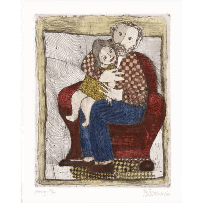 Pieter van der Westhuizen etching of a father and a child