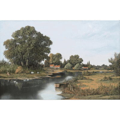 Peter George Miller painting of houses on a lake