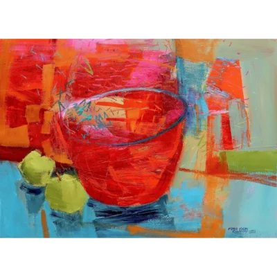 Fiona Ewan Rowett painting of a red bowl with two apples| Robertson Art Gallery