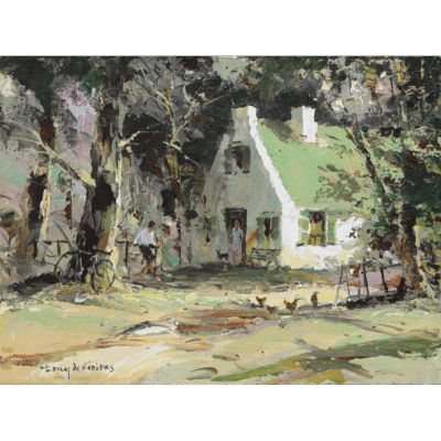 Tony de Freitas painting of a farmhouse and chickens