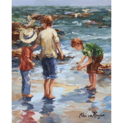 Elbe van Rooyen's painting of three boys playing in the water