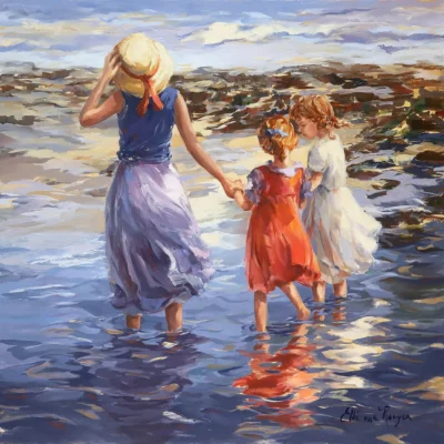 Elbe van Rooyen painting of a mother with two girls walking at the beach