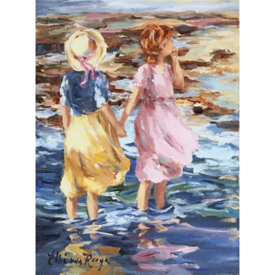 Elbe van Rooyen painting of two girls playing at the beach