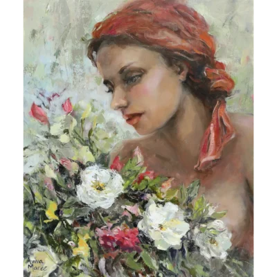 Aviva Maree painting of a woman standing with a bunch of flowers in her hand