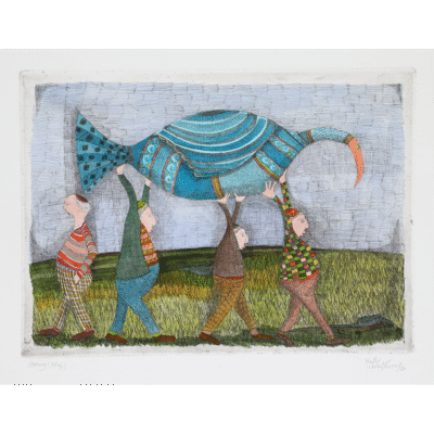 Pieter van der Westhuizen etching of people carrying a blue bird
