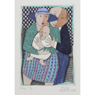 Pieter van der Westhuizen etching of a couple with a baby