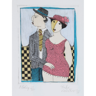 Pieter van der Westhuizen etching of a couple in love