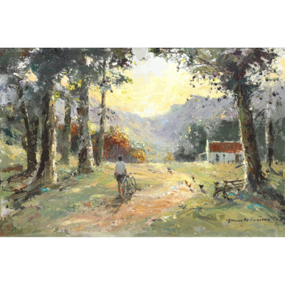 Tony de Freitas painting of a landscape and a farmhouse