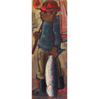 Hennie Niemann painting of a fisherman carrying his catch of the day