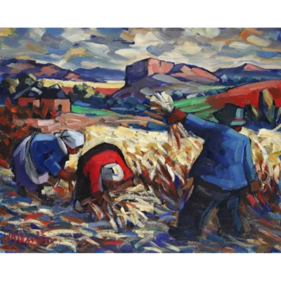 Hennie Niemann painting of three people busy harvesting | Hennie Niemann | Robertson Art Gallery