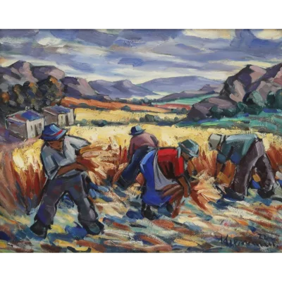 Hennie Niemann painting of four harvesters busy in the field | Hennie Niemann | Robertson Art Gallery
