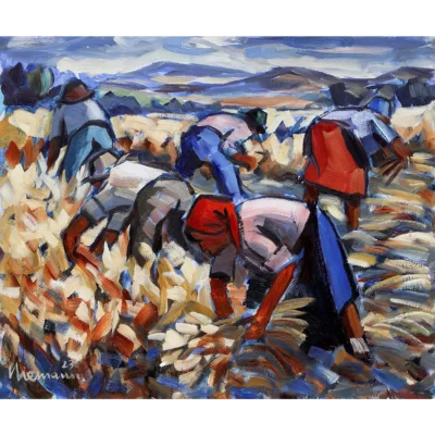 Hennie Niemann painting of workers in the field busy harvesting