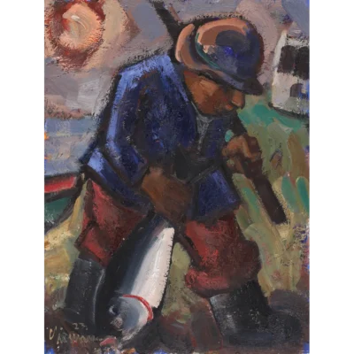 Hennie Niemann painting of a tired fisherman carrying his catch of the day