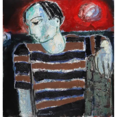 Hennie Niemann painting of a man sitting with his leg pulled up and his arm resting on his knee