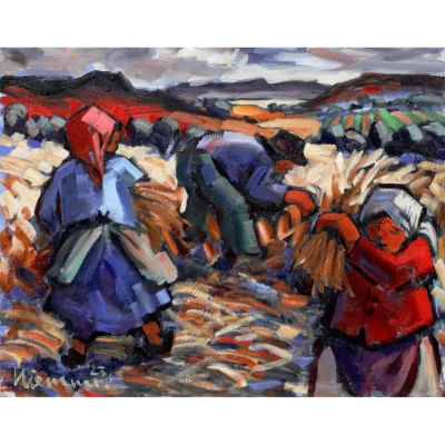Hennie Niemann painting of three people busy harvesting