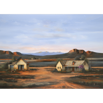 Rick Becker painting of a landscape in the Karoo with farm houses