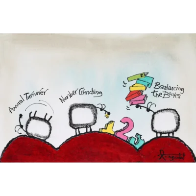 Ann Gadd painting of sheep doing accounting work