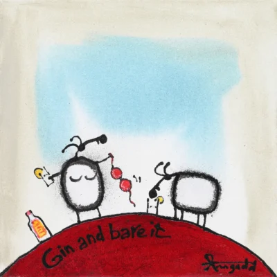 Ann Gadd painting of sheep drinking Gin