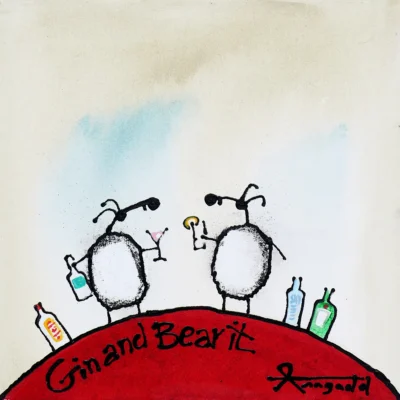 Ann Gadd painting , drink gin and bear with it.