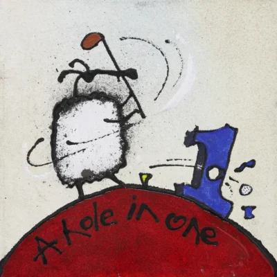 Ann Gadd painting,of a sheep hitting a hole in one