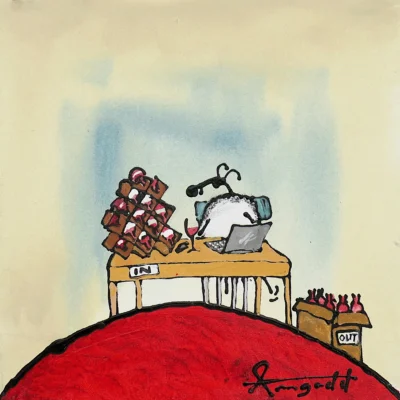 Ann Gadd painting, a sheep working on a laptop