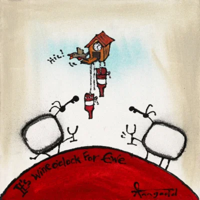 Ann Gadd painting of a bird cage and a bird with sheep having wine