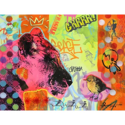 Ann Gadd painting of a lioness and a bird