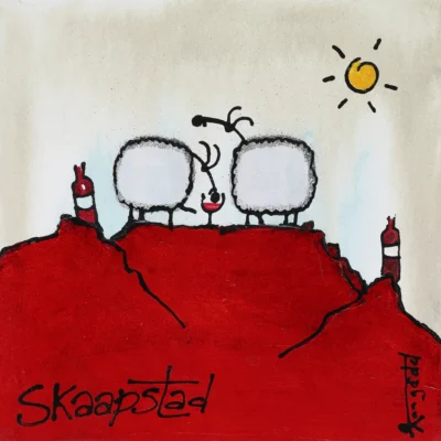 Ann Gadd painting of two sheep standing on table mountain drinking wine