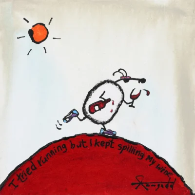 Ann Gadd painting of a sheep spilling his wine while drinking