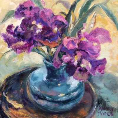 Aviva Maree painting of purple flowers in a vase
