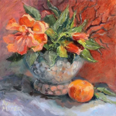 Aviva Maree painting of orange flowers in a vase