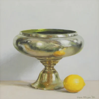 Diane McLean painting of a brass bowl and a lemon