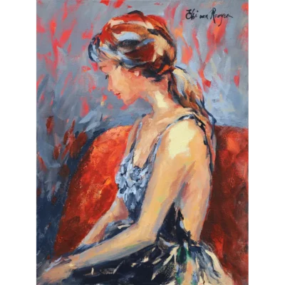 Elbe van Rooyen painting of a woman sitting on a couch thinking