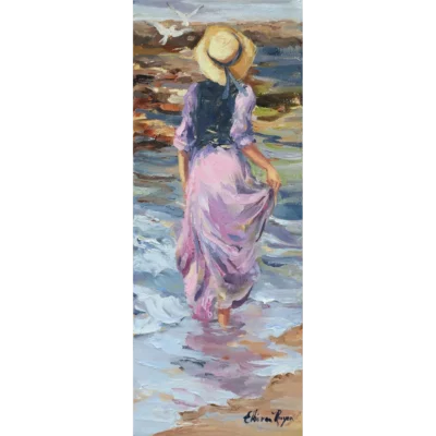 Elbe van Rooyen painting of a woman walking in the water at the seaside