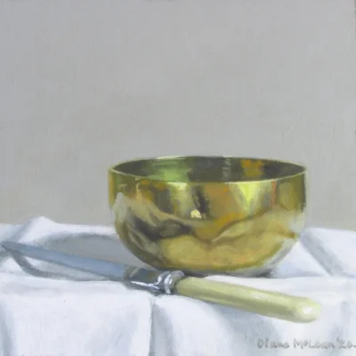 Diane McLean painting of a brass bowl and knife
