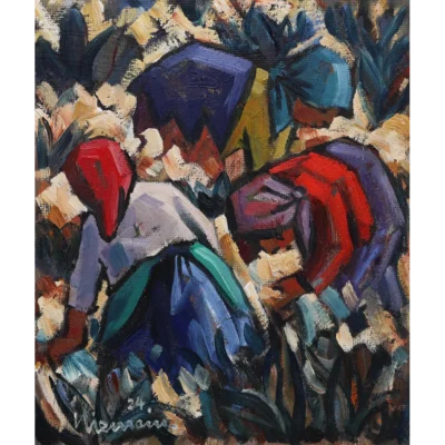 Hennie Niemann Painting of harvesters busy picking flowers
