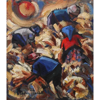 Hennie Niemann painting of harvesters working on the land