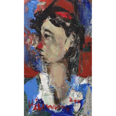 Hennie Niemann painting of a clown with a red cap