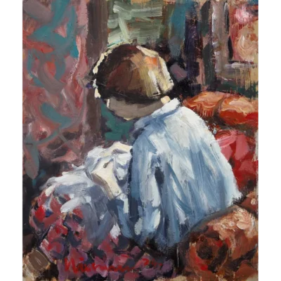 Hennie Niemann painting of a woman busy sewing