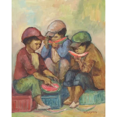 Amos Langdown painting of children eating watermelon