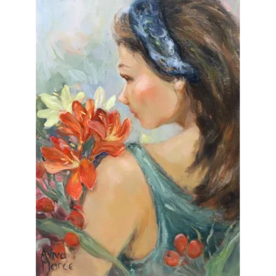 Aviva Maree painting of a girl holding flowers