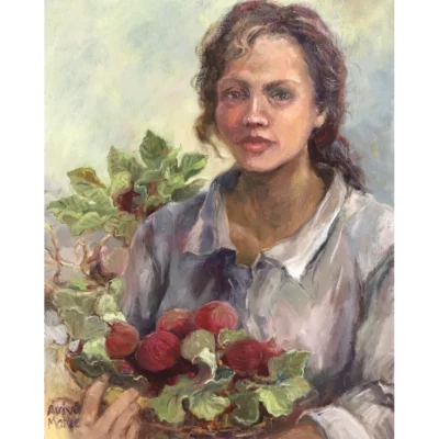 Aviva Maree painting of a girl holding a bowl of figs