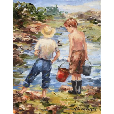 Elbe van Rooyen painting of two boys playing at the riverside.